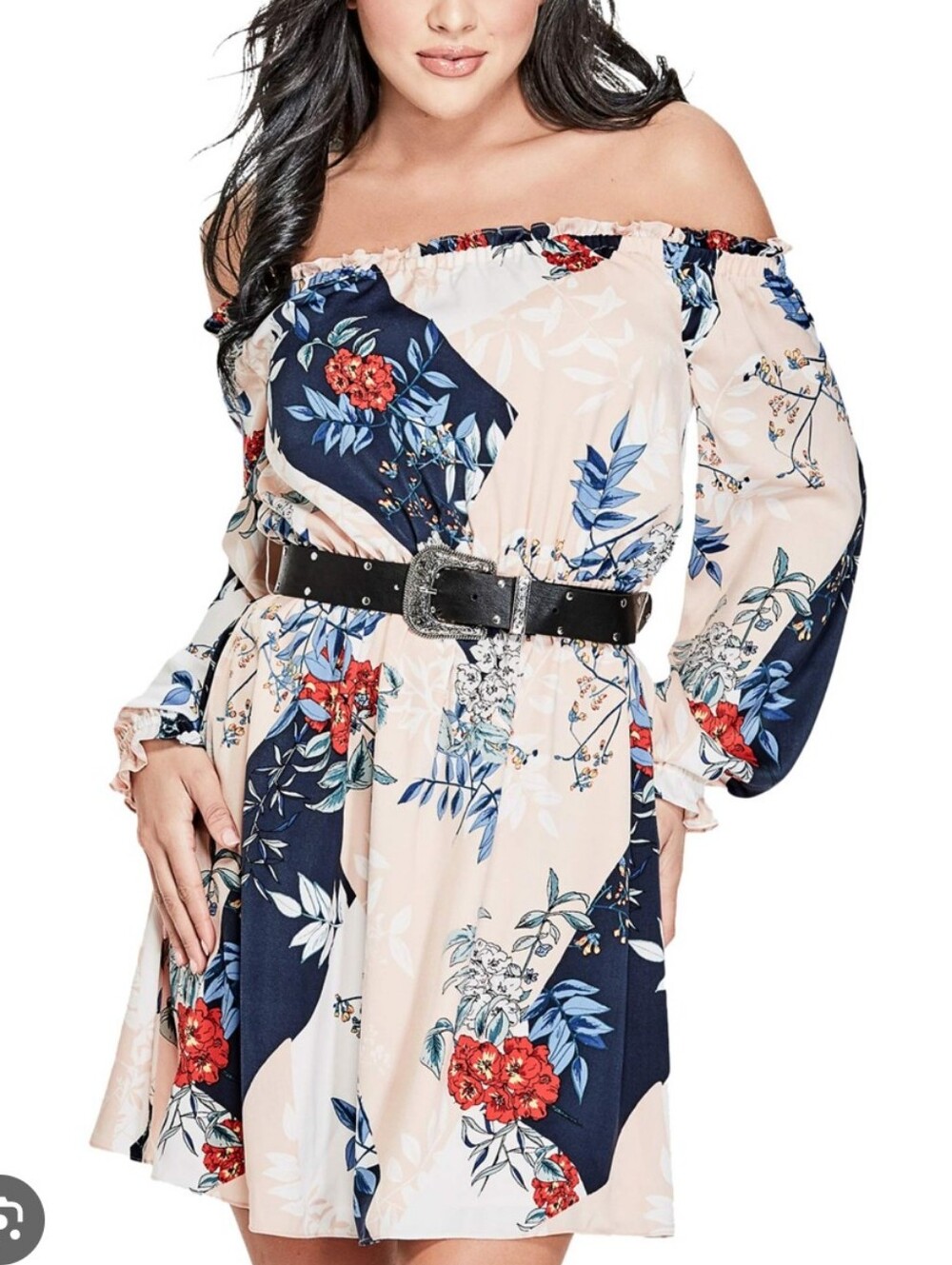 Guess Floral Off-Shoulder Dress in Blush and Navy